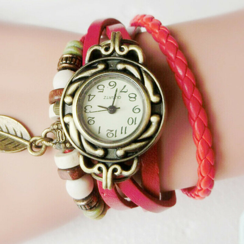 Reloj Retro de cuarzo para Mujer, pulsera de cuero trenzado, regalo, XQ