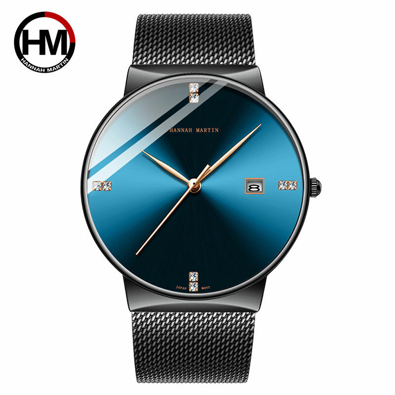 Hannah martin relógio masculino de quartzo, relógio de pulso, luxuoso, à prova d'água, aço inoxidável, azul para homens