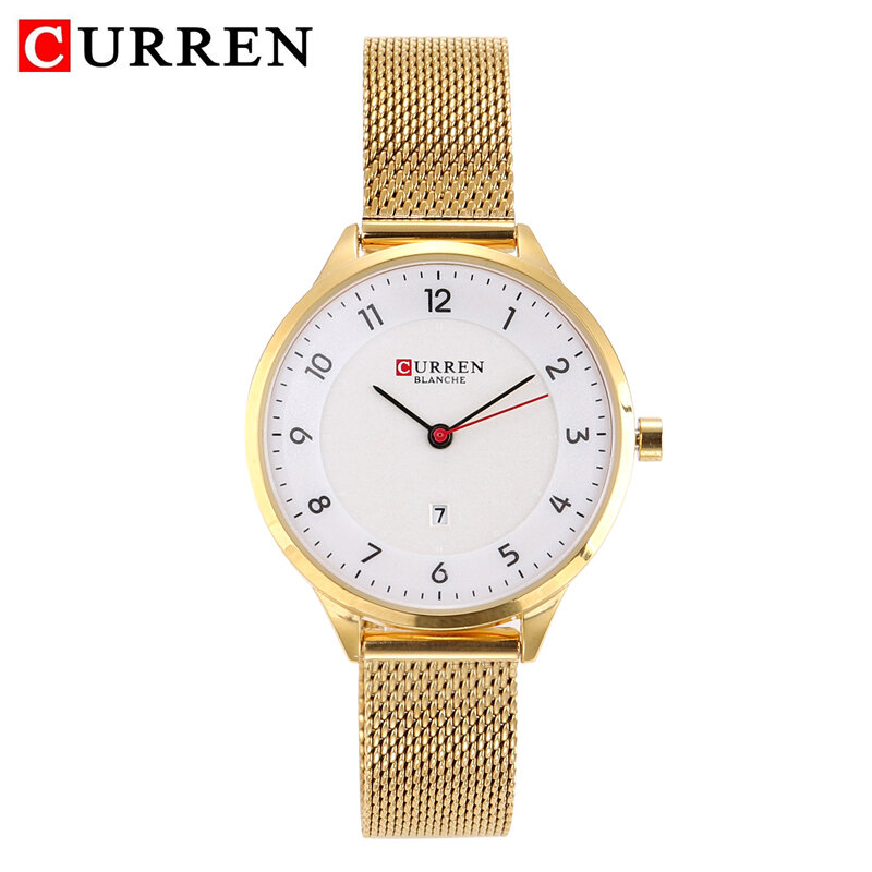 Curren relógio de pulso quartzo para mulheres, relógio de pulso feminino dourado de malha de aço