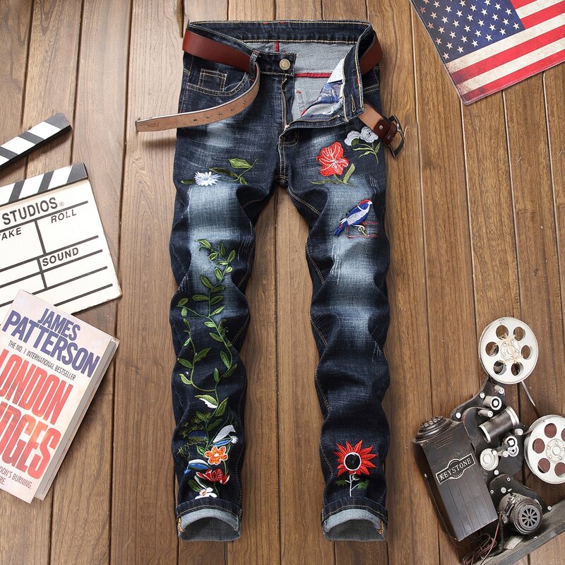 Pantalones vaqueros con bordado floral para hombre, jeans rectos de algodón, informales, transpirables, talla grande 38, 2019