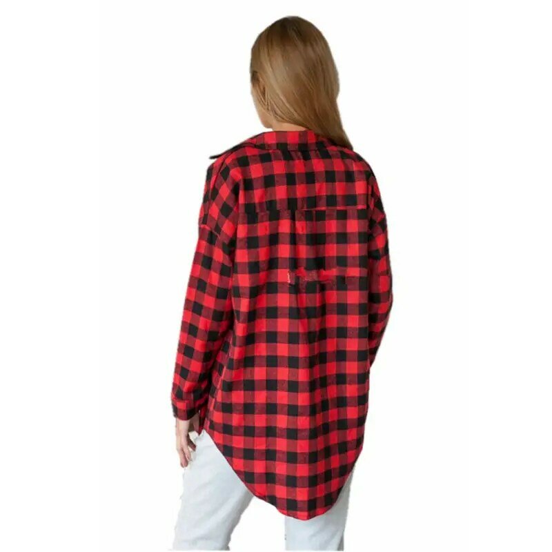 Modieuze college stijl plaid student rood zwart blouses casual losse onregelmatige lange mouwen blouse voor vrouwen 80333 #