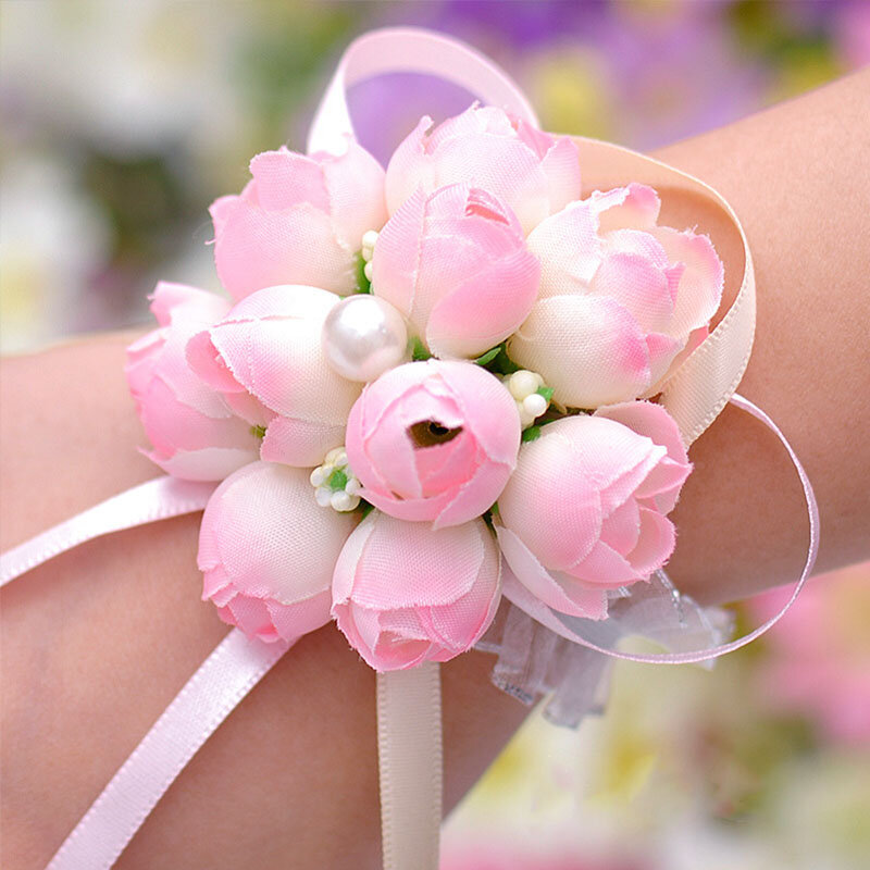 2019 New wedding accessories 1pc wedding bridesmaid wrist flower sisters hand flower pearl wrist flower for Bridesmaid casamento