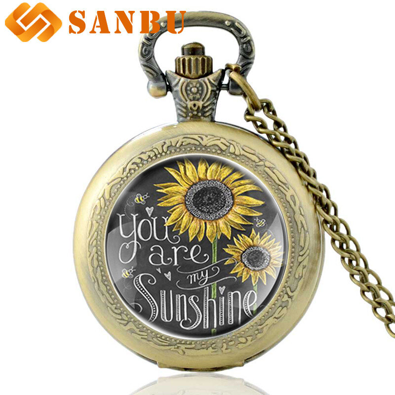 'You Are My Sunshine' Charm Necklace Sweetheart Quartz Pocket Watch Vintage Bronze Men Women Sunflower Couple Antique Jewelry