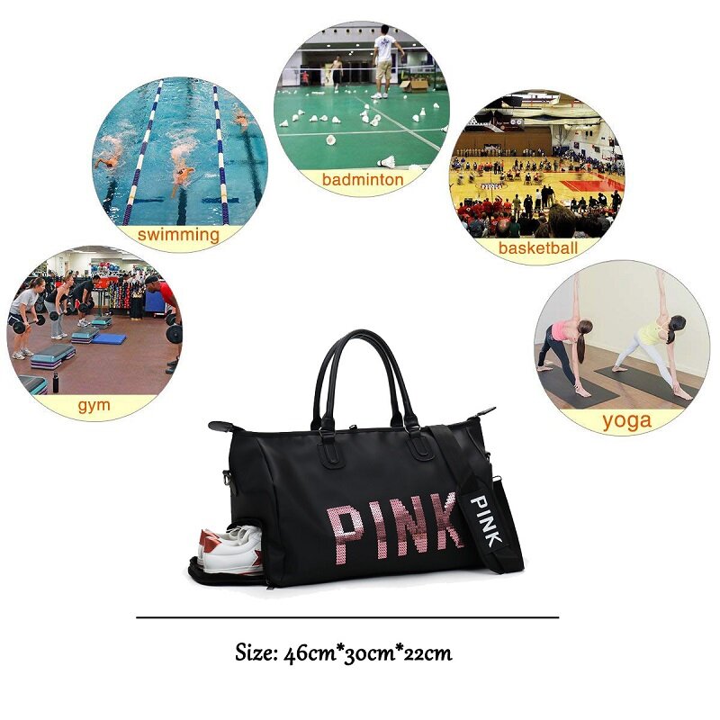 Bolsa esportiva com lantejoulas para mulheres, bolsa de ginástica para treinamento físico, viagem, espaço separado para o ar livre