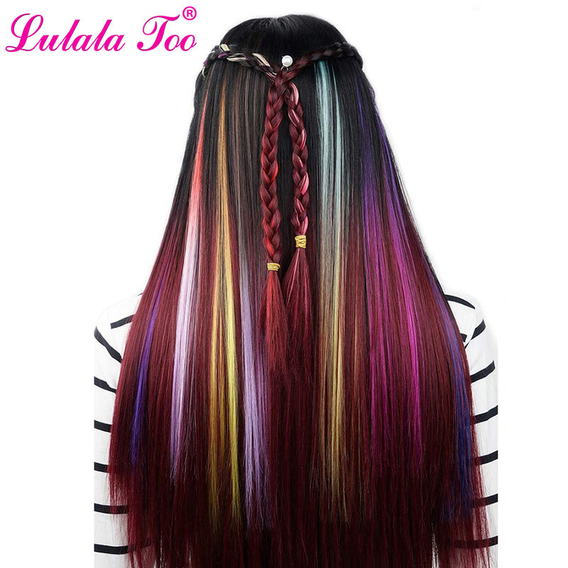 Aplique de cabelo sintético para mulheres, longo, reto, em peça única, 50cm, 20 polegadas, cores do arco-íris, roxo, rosa, vermelho, azul