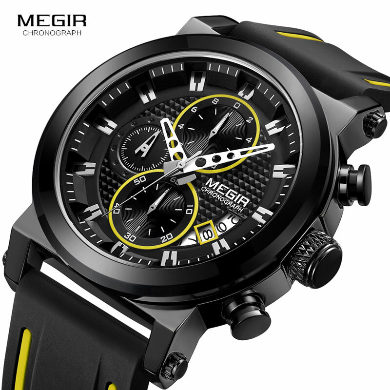 Megir – montre de sport à Quartz pour hommes, bracelet en Silicone, chronographe, montre-bracelet de l'armée, étanche, 3 barres, noir, 2100