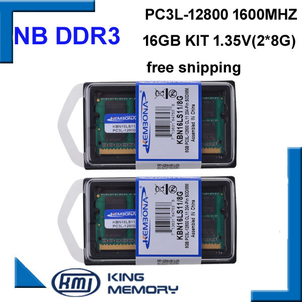 Kembona chegam novas rams portáteis sodimm ddr3l ddr3 16gb (kit de 2 peças ddr3 8gb) PC3L-12800 1.35v baixa potência 204pin memória ram