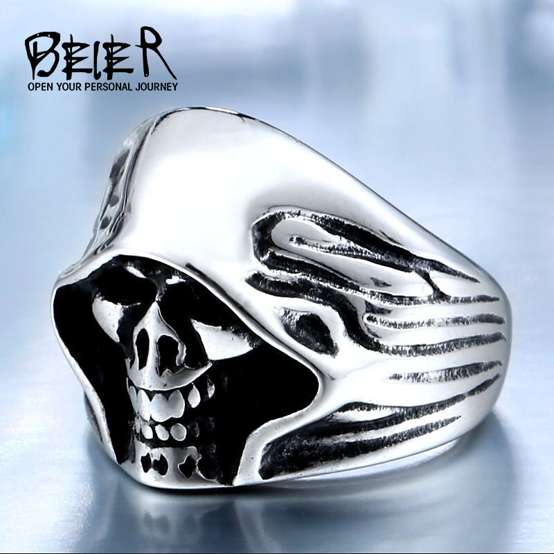 BEIER Wholesale Cheap Cool Hell Death Skull Man Never Fade Punk Biker High Quality Ring BR8-156