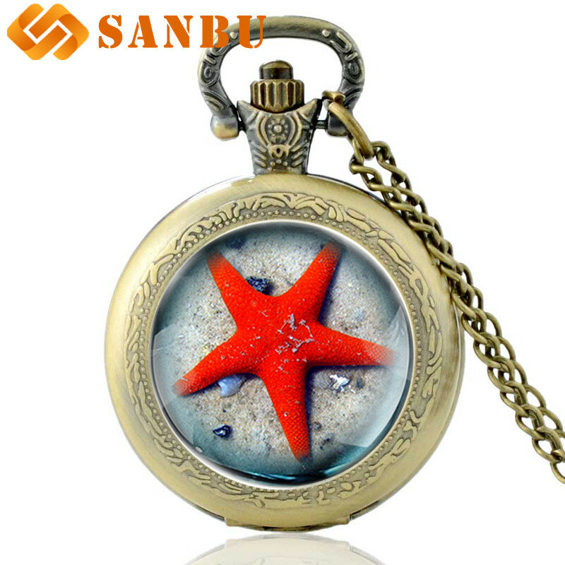Relógio de bolso com pingente de colar, relógio de quartzo de estrela e peixe, retrô, masculino e feminino, de bolso