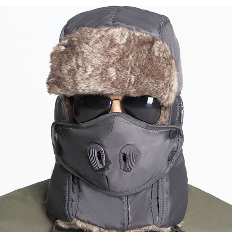 Шапка Женская ฤดูหนาวผู้หญิง Mens Bomber หมวกขนสัตว์ EarFlaps Anti-Fog Haze หน้ากากเย็นทนหมวกอบอุ่น