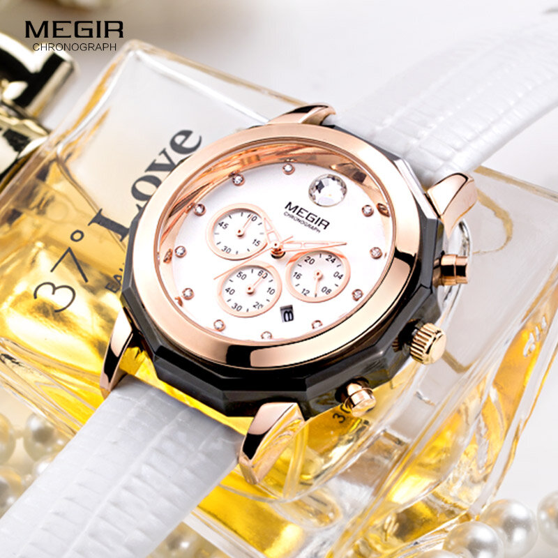 MEGIR Luxury แบรนด์นาฬิกา Chronograph แฟชั่นหนังนาฬิกาข้อมือผู้หญิงควอตซ์นาฬิกาสำหรับคนรักนาฬิกานาฬิกา ...