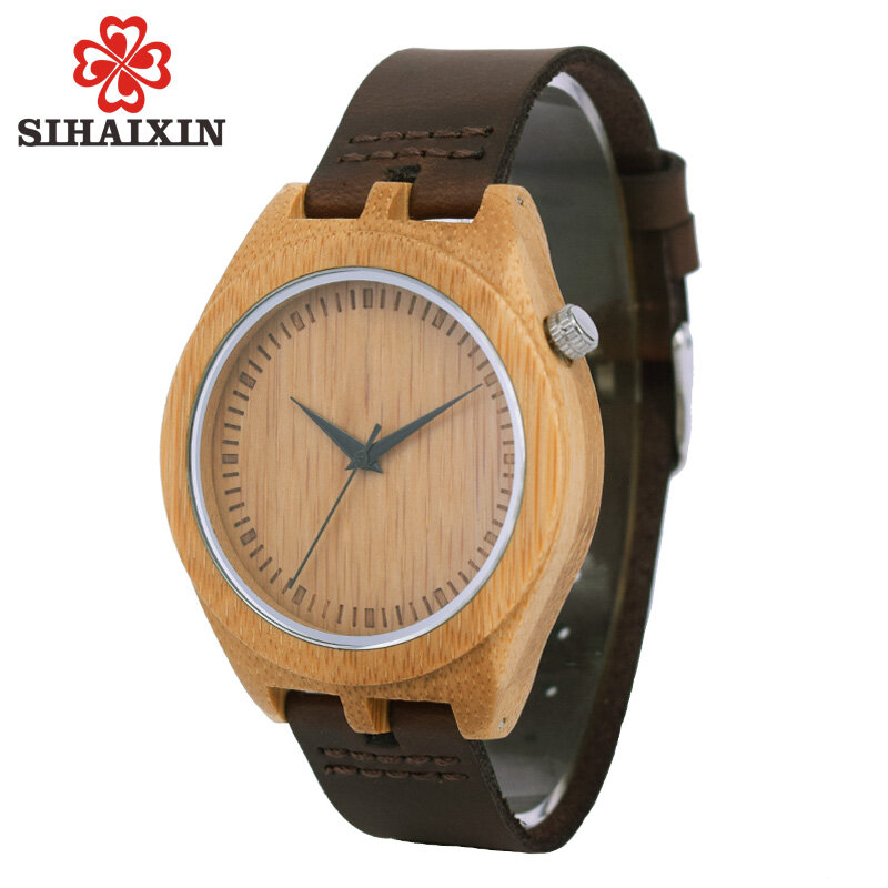 SIHAIXIN-ساعات كوارتز من الخيزران الطبيعي الأصلي ، مع سوار من الجلد الطبيعي في صندوق هدايا لمحبي الخيزران