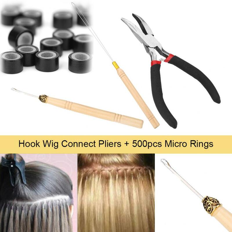 4Pcs Hair Extension Kit 500Pcs Silicone Micro Links Beads Rings + 2pcs Pulling Hook + Plier Hair Extension Stying Tool Kits