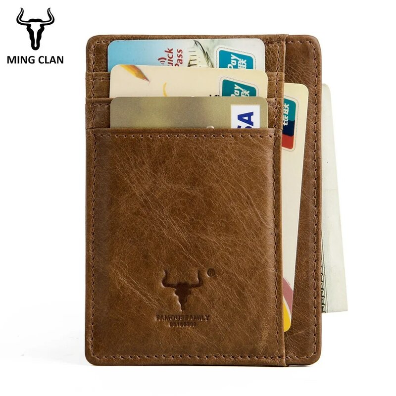 Rfid fino mini titular do cartão de crédito pequenos homens couro genuíno frente bolso marca inteligente carteira caso para designer masculino bolsa
