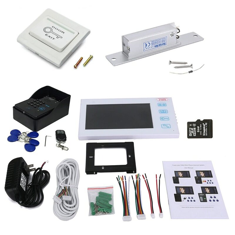 Kit de système de sonnette d'interphone 7 "| Enregistrement HD, RFID mot de passe, porte vidéo, avec carte 8G TF et verrou de porte sans frappe électrique