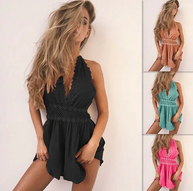 Frauen Overall Sexy Open Back Spitze Panel Overall