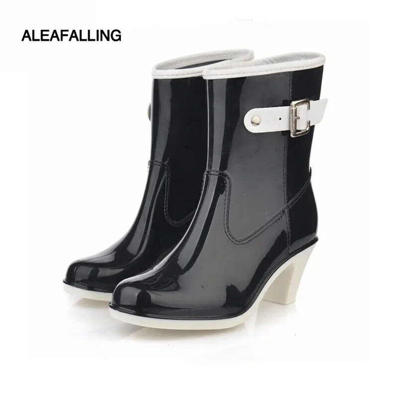 Aleafling-botas de chuva femininas, cano médio, borracha, fivela impermeável, boa qualidade, w033