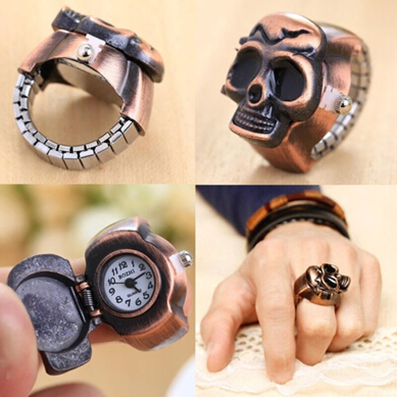 Reloj de anillo de calavera de dedo Vintage Retro, reloj de Clamshell, esfera pequeña, reloj delicado, amantes, vestido de mujer, relojes femeninos Q