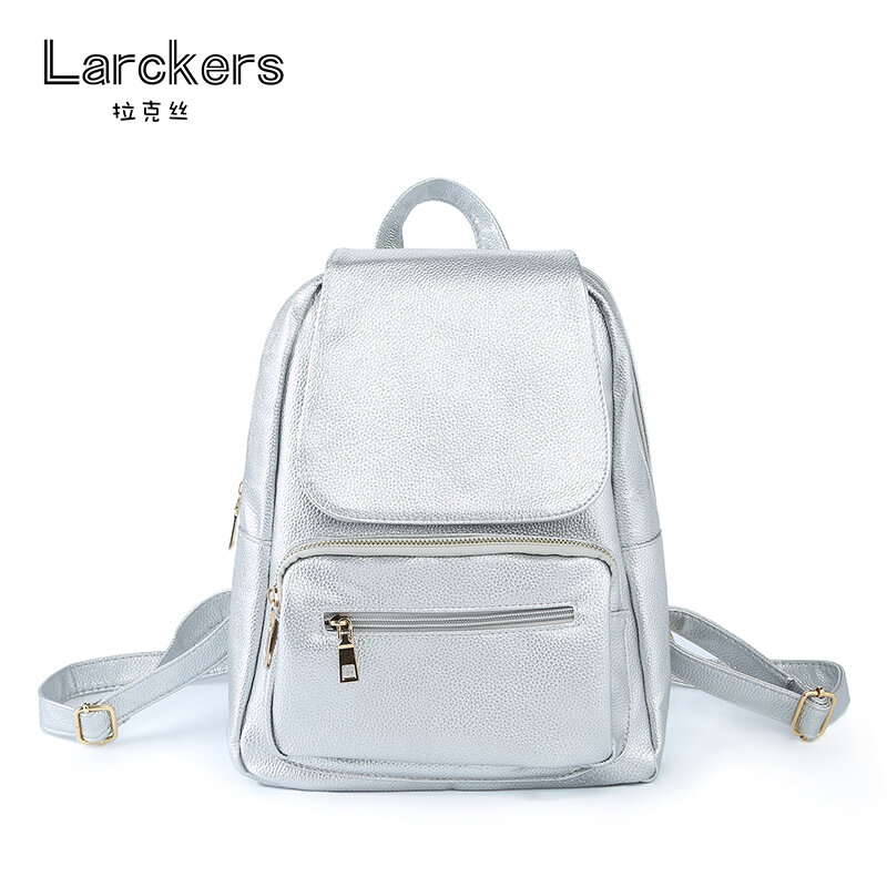 Popularity simple fashion silvery pu women backpack lichee patten soft surface metal silver color solid women casual backpack