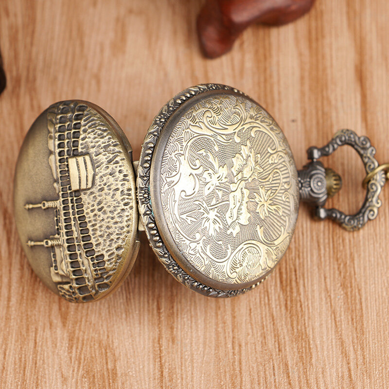 Relógio de bolso castelo clássico masculino e feminino, colar antigo de quartzo com pingente e corrente para relógio de aniversário