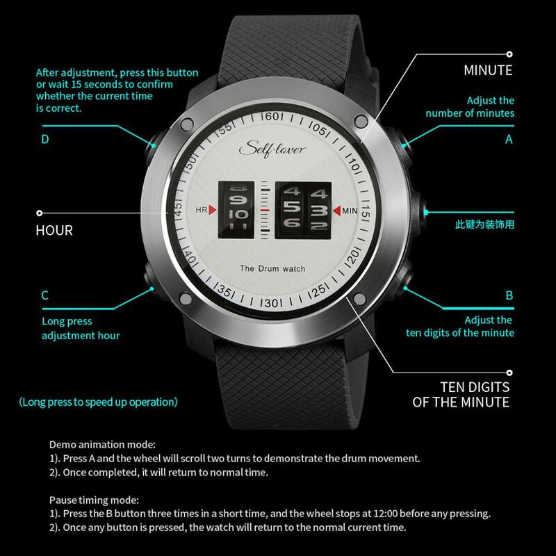 Mens กลองกลองนาฬิกาที่สวยงามนาฬิกาที่ไม่ซ้ำกัน Rolling เวลากันน้ำ LCD ดิจิตอลกีฬานาฬิกา Relogio Q