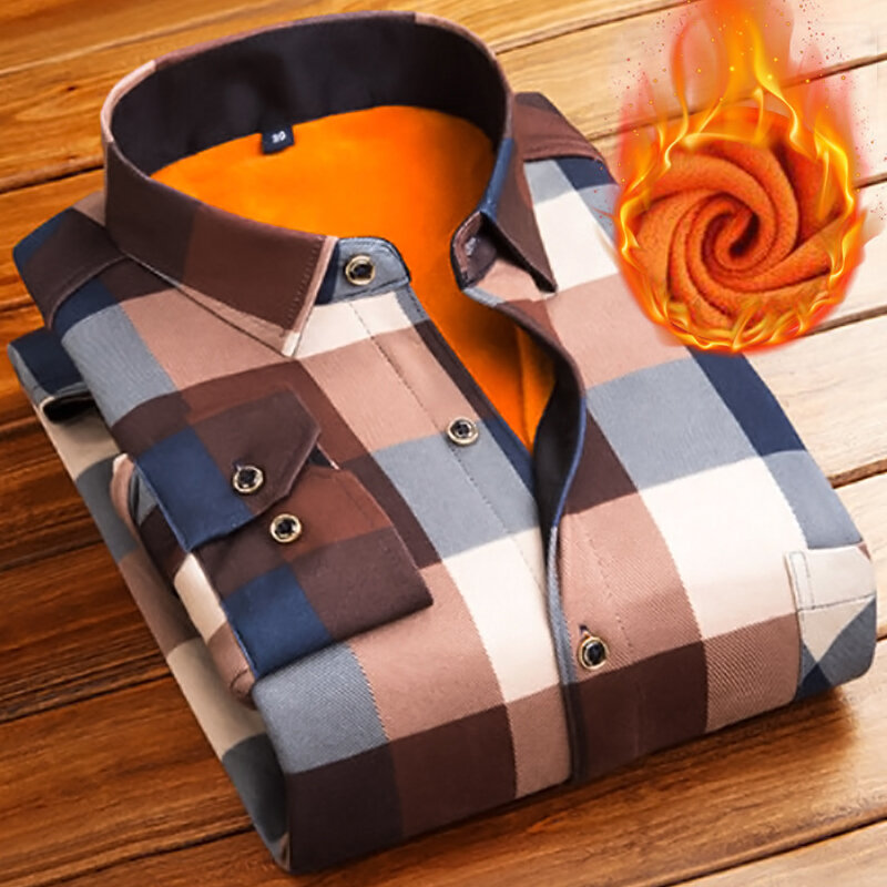 Camisa xadrez grossa masculina, camisa de flanela quente para trabalho de manga comprida, camisa casual slim fit 4xl
