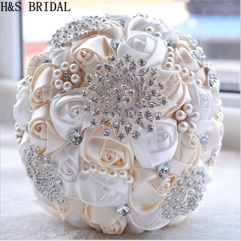Ramo de novia de perlas artificiales para dama de honor, ramo de flores de cristal, color blanco marfil, 2020
