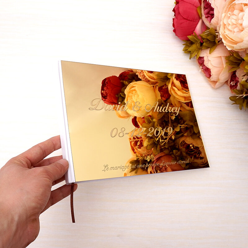 パーソナライズされた結婚式のゲストブック,空白の白いアクリルミラー,写真アルバム,25x18cm