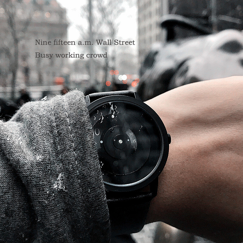 Nenhum ponteiro turntable criativo relógios moda casual relógio de quartzo de couro das mulheres dos homens de design exclusivo dial preto relógios de pulso unisex