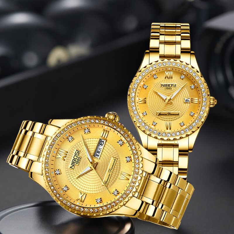 Часы наручные NIBOSI для влюбленных, брендовые роскошные золотистые Кварцевые Подарочные дамские