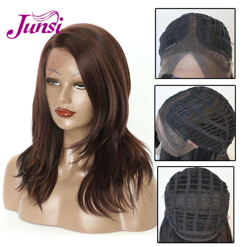 JUNSI 24 zoll Braun Lange Gewellte Synthetische Spitze Front Perücke Hohe Temperatur Faser Haar für Frauen Klassische Perücke
