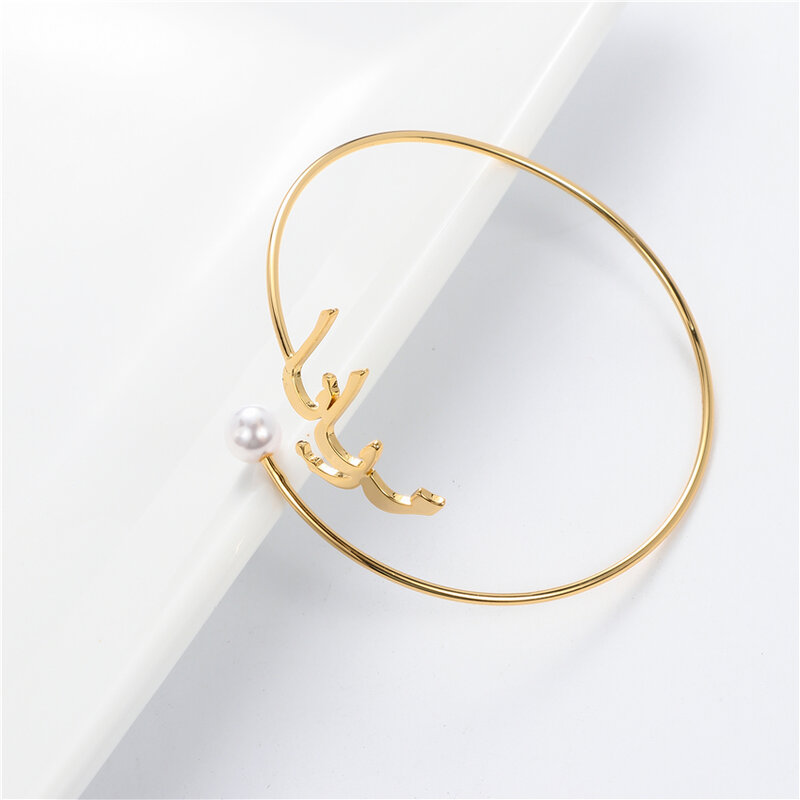 Senfai-Bracelet personnalisé avec nom arabe pour femme, bracelet en perles d'or, bracelet personnel en acier inoxydable, plaque signalétique, bijoux pour femme, cadeau de fête des mères