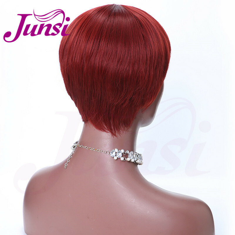JUNSI Haar Korte Rood Zwart Pixie Cut Synthetische Pruiken voor Vrouwen Natuurlijke Pruiken