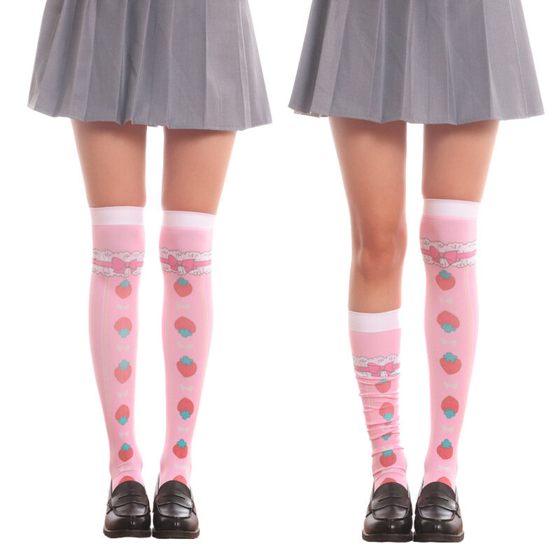 Meia-calça feminina com estampa de morangos e laço rosa
