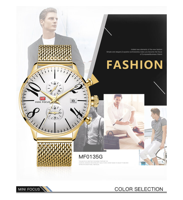 MINI FOCUS Royal Luxury นาฬิกาควอตซ์ Golden ตาข่ายกันน้ำ Chronograph นาฬิกาผู้ชาย Relogio Masculino