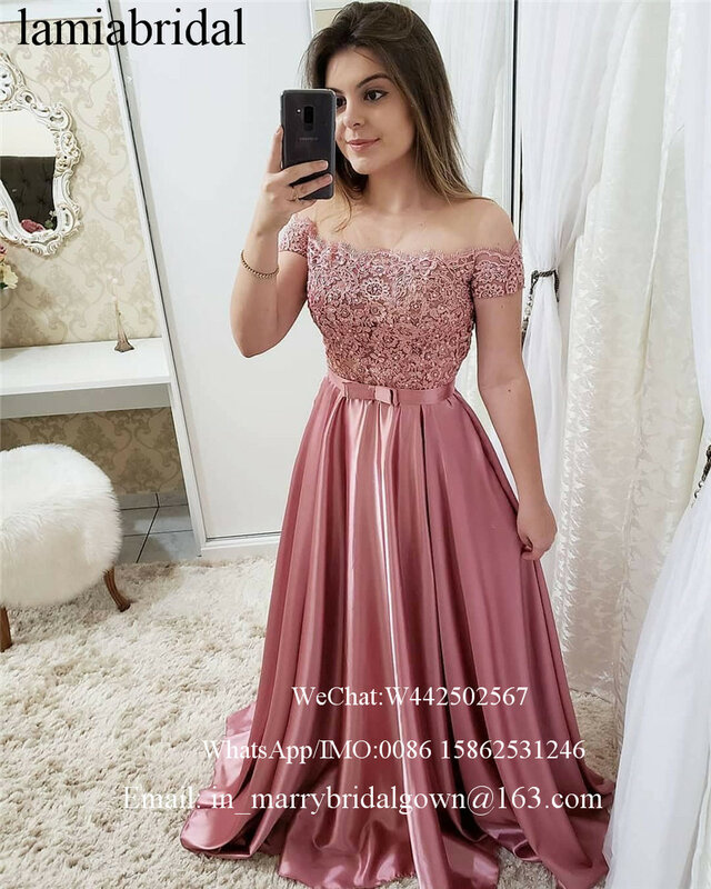 Hồng Tắt Shoulder Giá Rẻ Long Prom Dresses 2019 A Line Ren Cổ Điển Đính Cườm Ả Rập Cô Gái Trang Phục Chính Thức Gowns vestidos de fiesta de noche