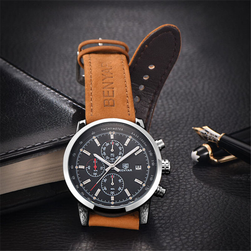 BENYAR Brand Sport Men Watch Top Brand Luxury Male Leather Waterproof Chronograph Quartz Military Wrist Watch Men Clock saat