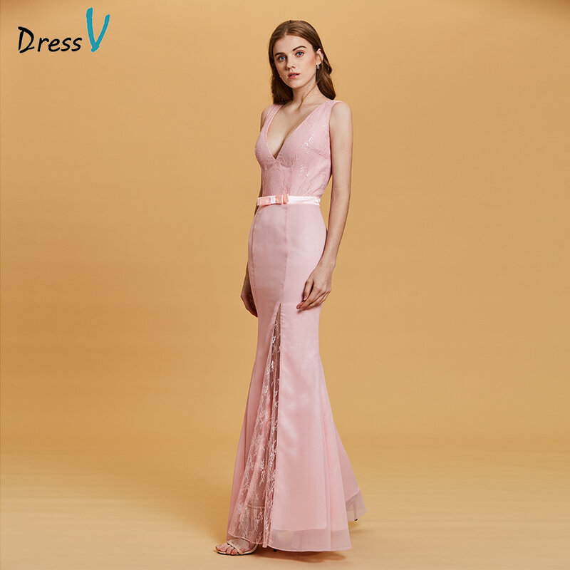 Robe de soirée rose en forme de sirène, col en v, longueur au sol avec nœud papillon, robe de soirée élégante en trompette, mariage