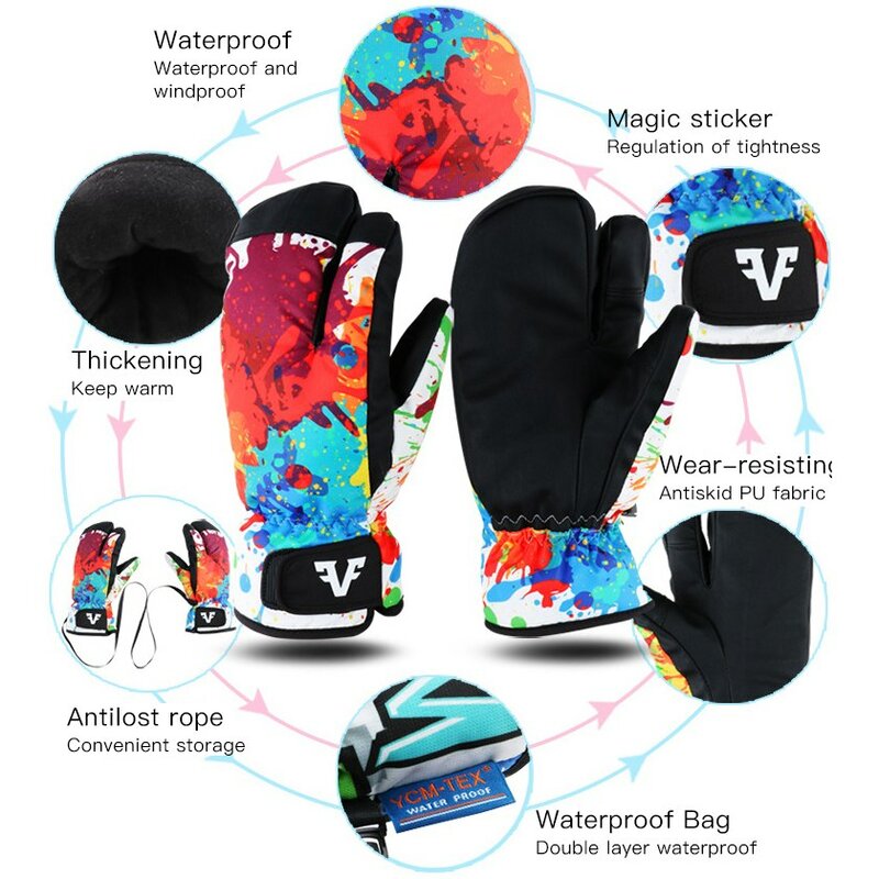 Перчатки унисекс, зимние, ветрозащитные, с тремя пальцами, для катания на лыжах