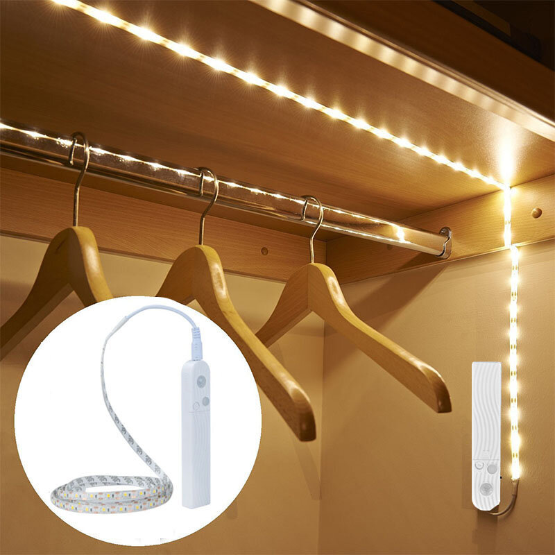 Iluminación PIR inalámbrica con Sensor de movimiento, luz nocturna, cinta LED, batería USB, lámpara impermeable para armario y cocina, novedad