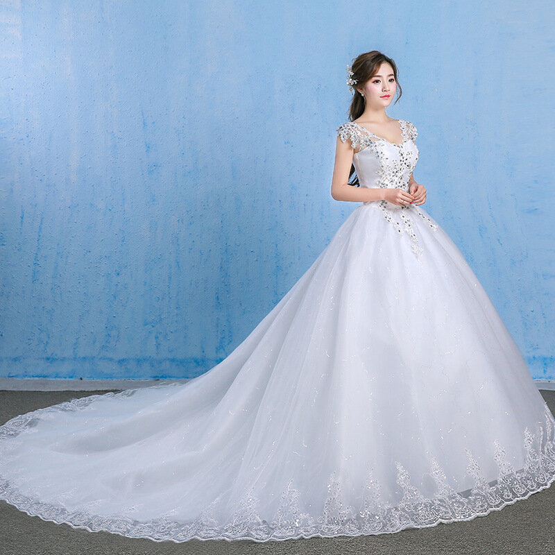 Кружевное свадебное платье большого размера, белые свадебные наряды с кружевом, аппликациями, бусинами, кристаллами, V-образным вырезом, лет...