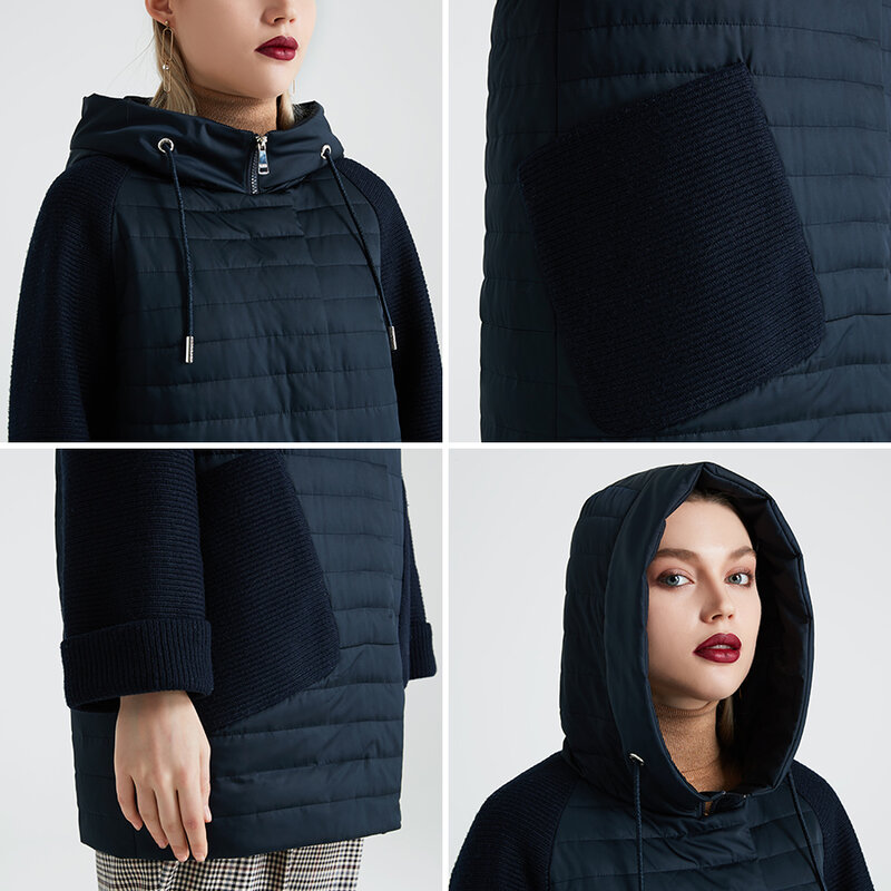 Miegofce 2021 nova coleção feminina primavera casaco elegante com capuz remendo bolsos dupla proteção contra vento parka