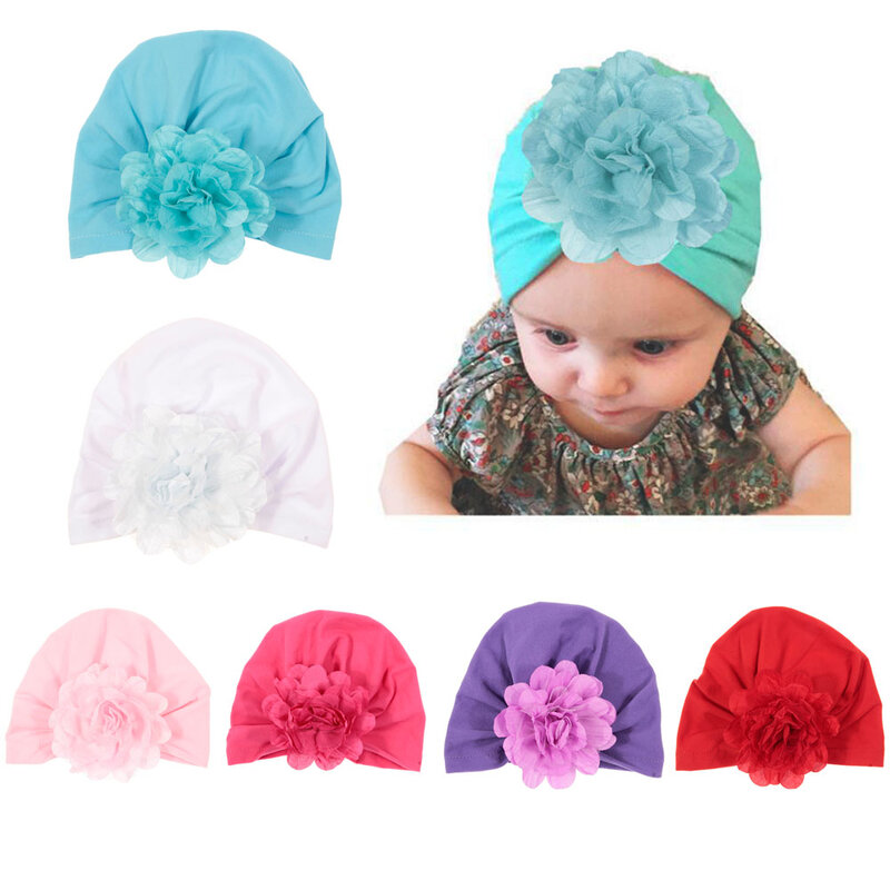 New Soft Turban Hat with Flower Cotton Blend Newborn Caps Beanie Top Knot Kids Photo Props Kids Shower Gift