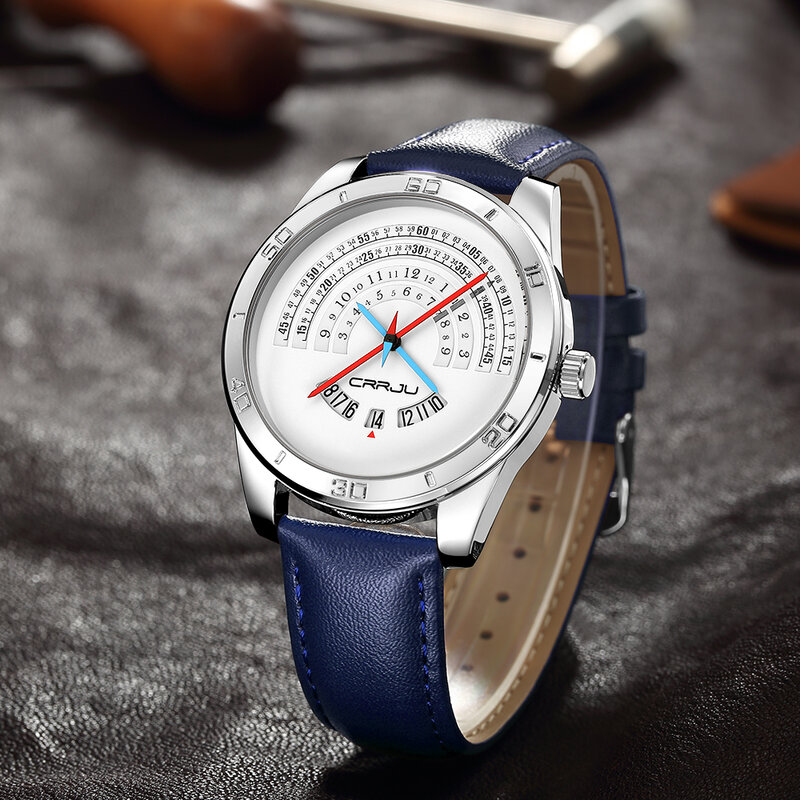 Top marca crrju relógio masculino único criativo dial pulseira de couro relógio de pulso moda esporte à prova dwaterproof água com calendário completo