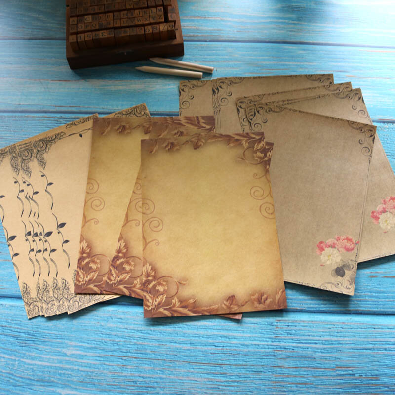 Papel de carta marrón Kraft, 16 hojas, diseño Vintage de flores, papel de escritura, bloc de dibujo, Bloc de bocetos, papelería