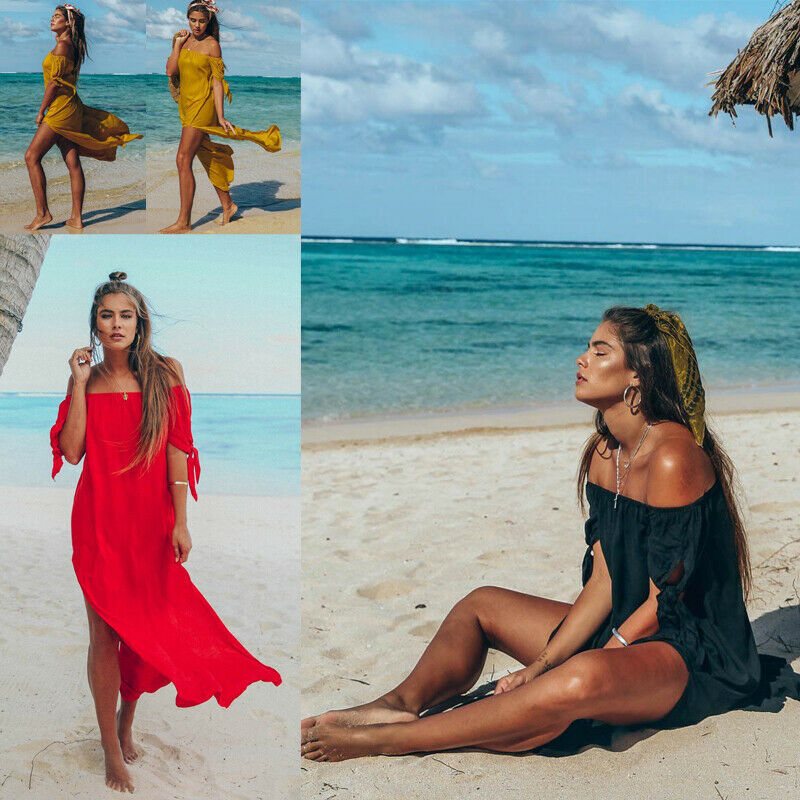 Robe de plage sexy pour femmes, vêtement à manches courtes, épaule dénudée, tunique de couleur unie