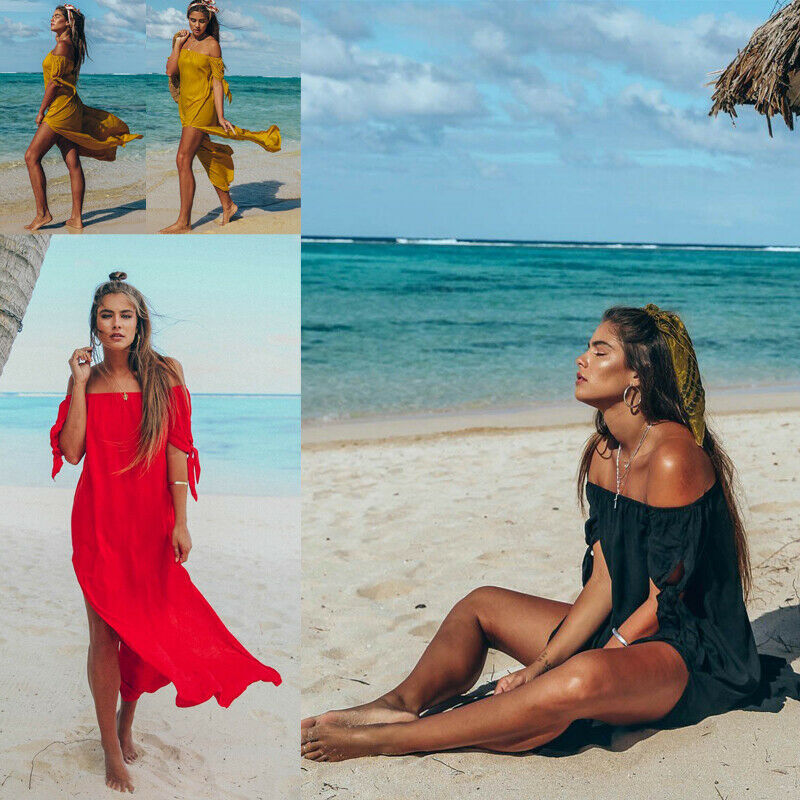 Vestido túnica sexy sem ombro para praia, vestido túnica, traje de natação, manga curta, cor sólida, cobertura, verão, maxi vestidos de praia para mulheres maiô