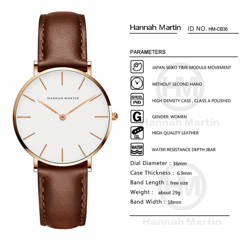 Часы Hannah Martin женские кварцевые, модные брендовые Роскошные водонепроницаемые с коричневым кожаным ремешком