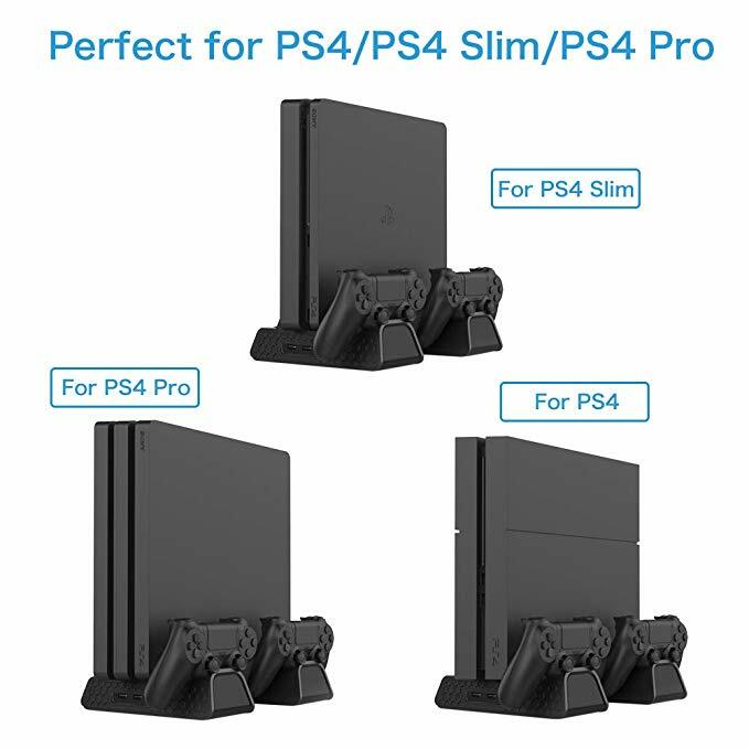PS4/PS4 슬림/PS4 프로 수직 스탠드, 소니 플레이스테이션 4용 쿨링 팬 쿨러 듀얼 컨트롤러 충전 스테이션