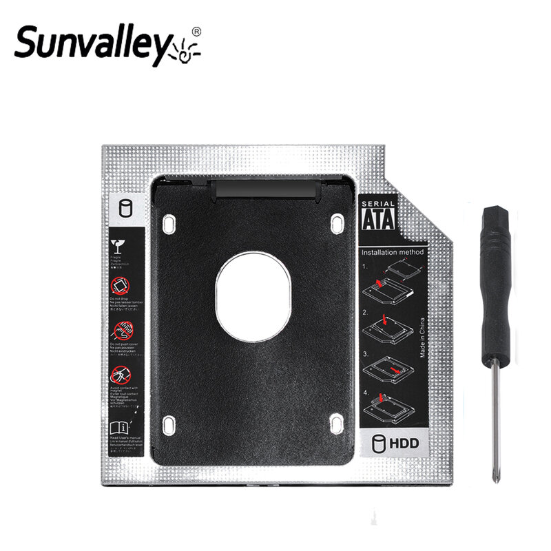 Sunvalley-carcasa de aleación de aluminio de 9,5mm SATA a SATA 3,0 2nd hdd caddy de 2,5 "HDD SSD para notebook DVD/CD-ROM Optical Bay, 10 unids/lote